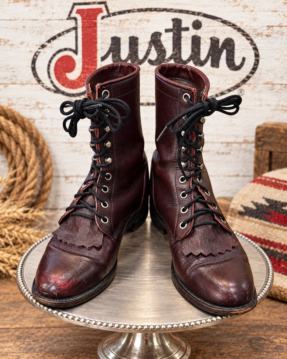 Vintage Justin 510 Burgundy Leather Lace Up Kiltie Roper Boots Women’s 7B